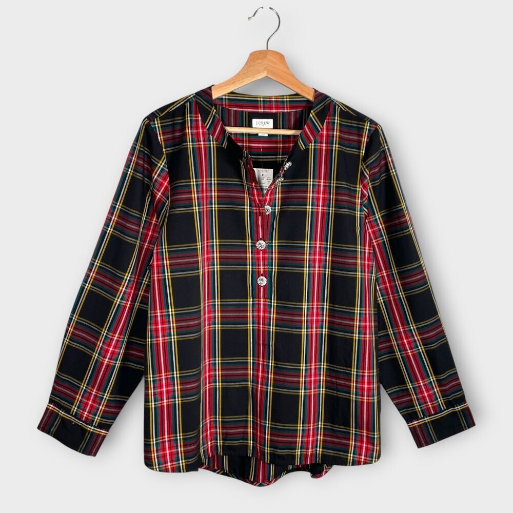 J Crew Stewart Plaid Popover Top LARGE Jeweled Buttons Cotton NEW
